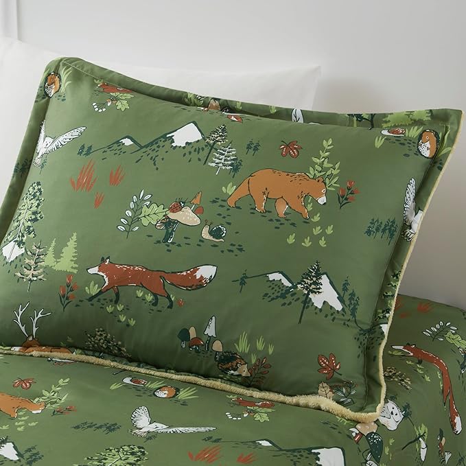 Mi Zone Kids Queen Comforter Set, Reversible Plush Kids Comforter Set, Cozy Plush Reverse Bedding, Winter Fluffy Comforter Bed Set, 2 Shams, Enchanting Forest Animals, Full/Queen, Sage Green 3 Piece - LeafyLoom