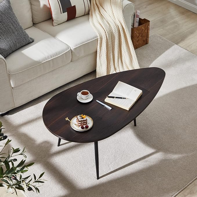SAYGOER Oval Coffee Table Espresso Wood Mid Century Modern Coffee Tables Unique Retro Farmhouse Accent Center Sofa Rustic Table for Living Room Home Office Easy Assembly, Dark Brown - LeafyLoom