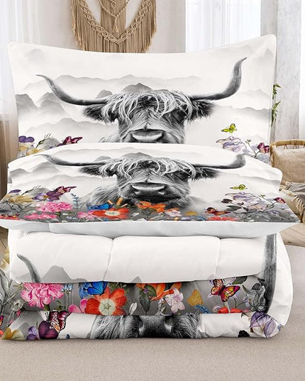 Tailor Shop Highland Cow Comforter Sets Twin Size,Highland Cow Bedding Set for Teens Kids Man,Cattle Comforter Western Animal Wildlife Farmhouse Bull Mountain Flower Comforter with 1 Pillowcase - LeafyLoom
