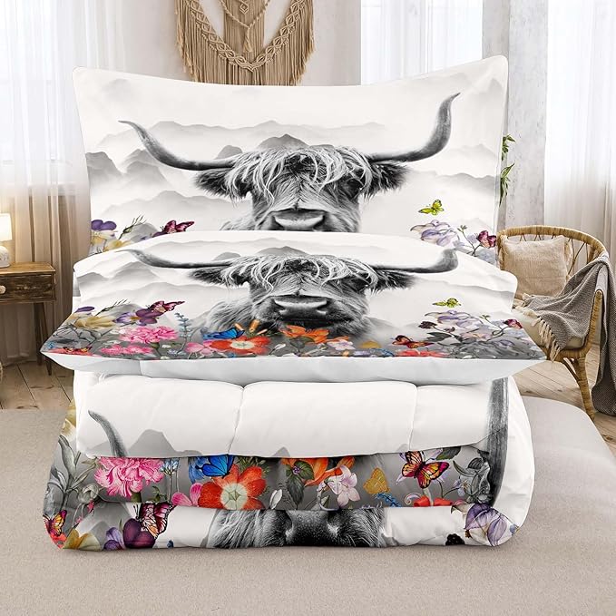 Tailor Shop Highland Cow Comforter Sets Queen Size,Highland Cow Bedding for Teens Kids Man,Cattle Western Funny Animal Bedding Wildlife Farmhouse Bull Mountain Flower Comforter with 2 Pillowcase - LeafyLoom