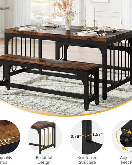 Tribesigns 55 Inch Dining Table Set for 4-6, 3-Piece Kitchen Table with 2 Benches, Space-Saving Dining Room Table Set for Home Kitchen, Restaurant, Rustic Brown - LeafyLoom