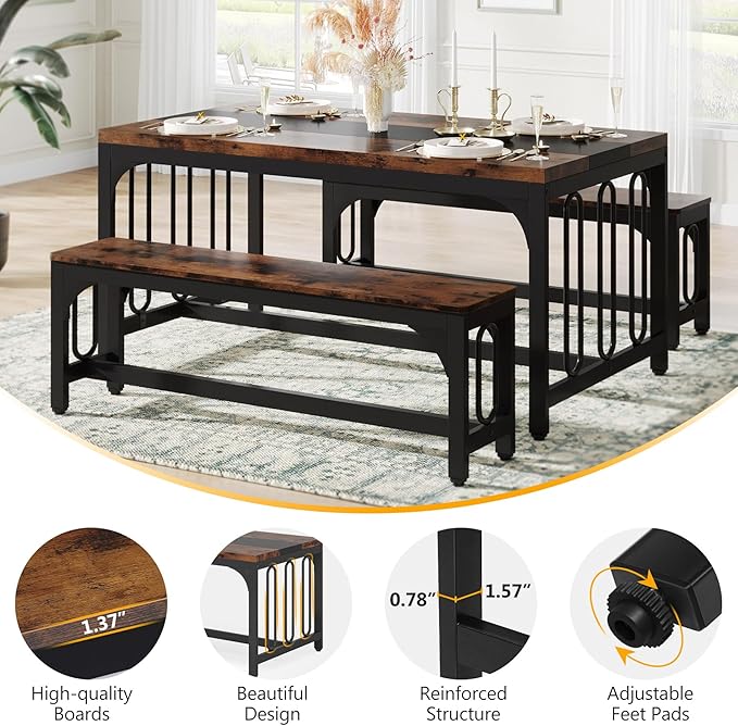 Tribesigns 55 Inch Dining Table Set for 4-6, 3-Piece Kitchen Table with 2 Benches, Space-Saving Dining Room Table Set for Home Kitchen, Restaurant, Rustic Brown - LeafyLoom