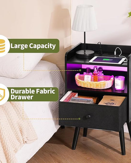 Yoobure Nightstand with Charging Station, Modern Night Stand with LED Lights, Wood Nightstands with Fabric Drawer & Storage Shelf, Night Stands Bedside Table with USB Ports for Bedroom, Office, Home - LeafyLoom