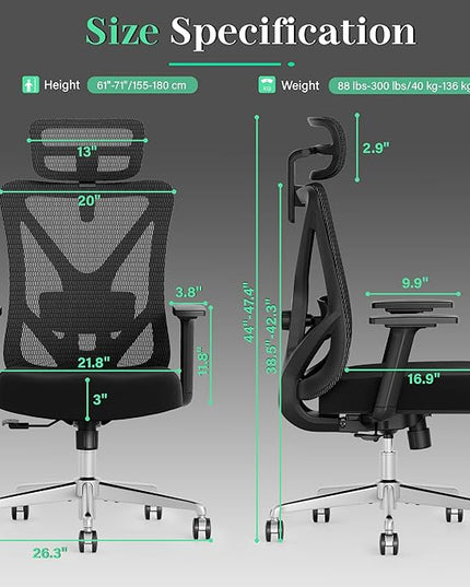 T23 Ergonomic Office Chair,Mesh Computer Desk Chairs with Adjustable Lumbar Support,Headrest,3-D Armrests,Swivel Wheels,Comfortable Home Office Desk Chairs for Long Hours,Rolling Gaming Chair - LeafyLoom