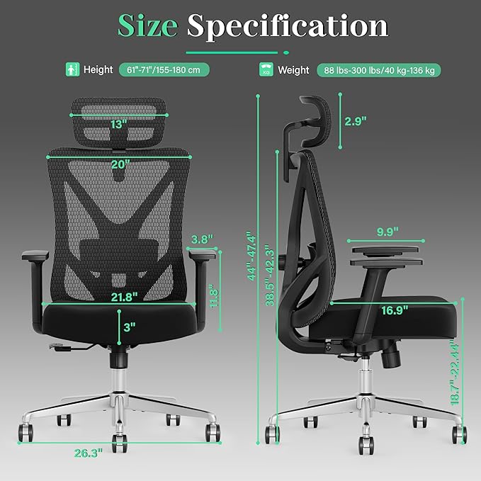 T23 Ergonomic Office Chair,Mesh Computer Desk Chairs with Adjustable Lumbar Support,Headrest,3-D Armrests,Swivel Wheels,Comfortable Home Office Desk Chairs for Long Hours,Rolling Gaming Chair - LeafyLoom