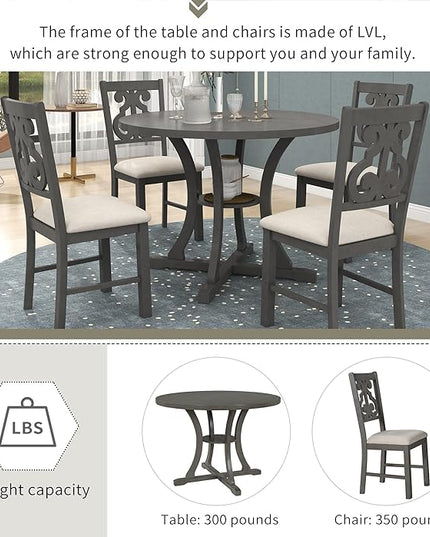 Round Special-Shaped Legs and an Exquisitely Designed Hollow Chair Back, Living Room, Kitchen, 5 Piece Dining Table Set, Gray 10 - LeafyLoom