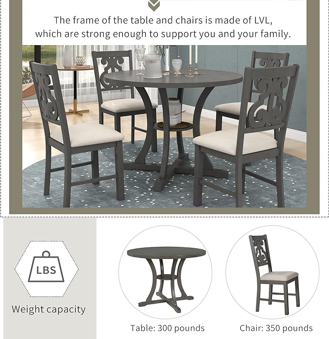Round Special-Shaped Legs and an Exquisitely Designed Hollow Chair Back, Living Room, Kitchen, 5 Piece Dining Table Set, Gray 10 - LeafyLoom