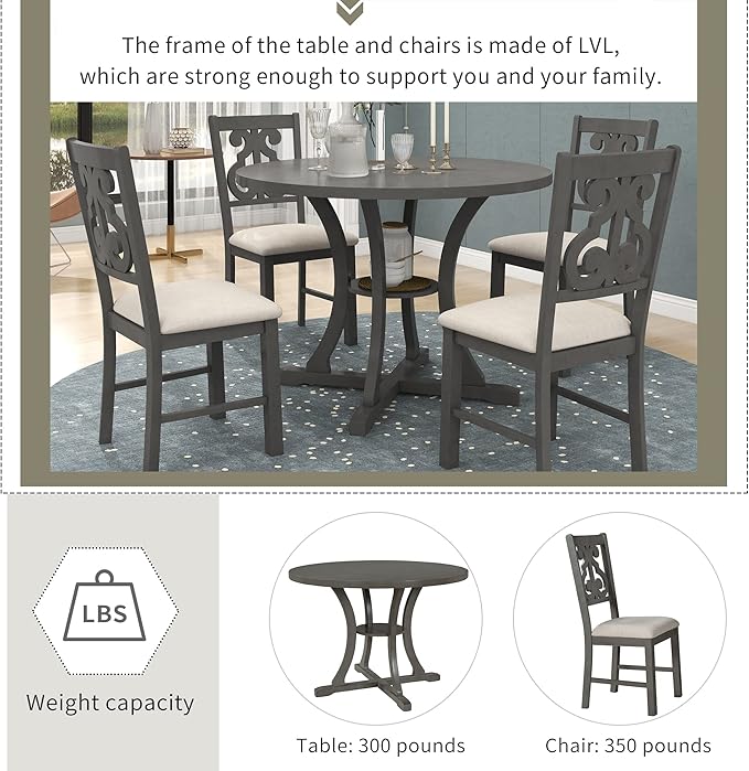 5-Piece Round Dining Table Set with Special-Shaped Legs and an Exquisitely Designed Hollow Chair Back for Diningroom, Living Room, Kitchen, Gray - LeafyLoom