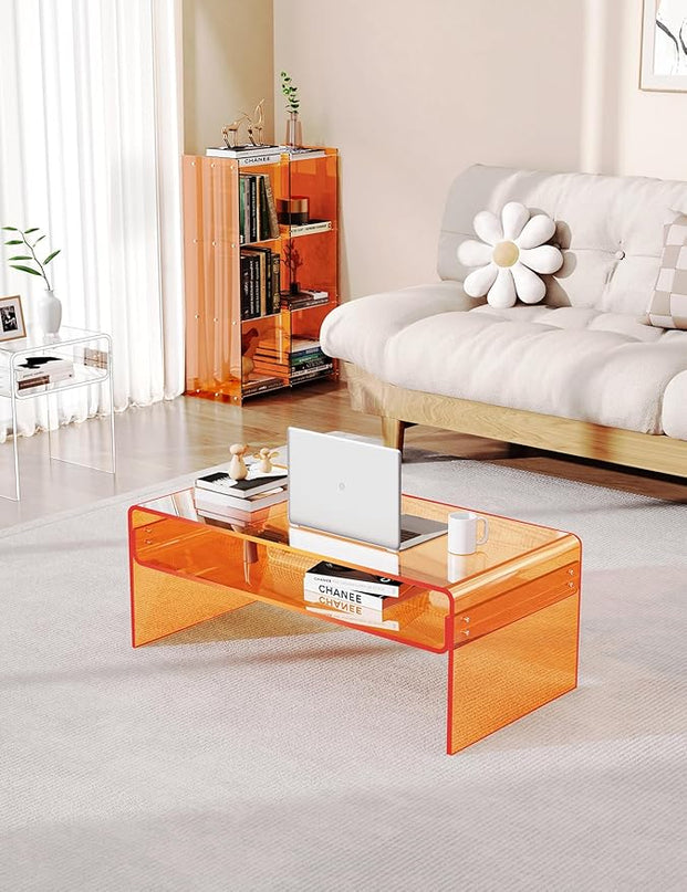 Acrylic Coffee Table for Living Room Clear Rectangle Lucite Table with Open Storage Shelf, Orange - LeafyLoom