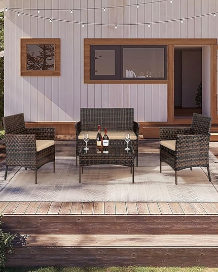 Outvita 4 Pieces Patio Furniture Set, Rattan Conversation Sets with Loveseat Soft Cushion and Glass Table for Garden Backyard Balcony Porch Poolside(Brown Gradient) - LeafyLoom