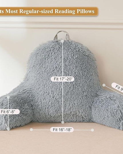 XeGe Faux Fur Reading Pillow Cover (No Filler), Fluffy Back Rest Pillow Case for Bed Sitting Up, Adults Kids Gaming Shaggy Sit Up Back Support Pillow Cover with Arms Couch Chair Office, Light Grey - LeafyLoom