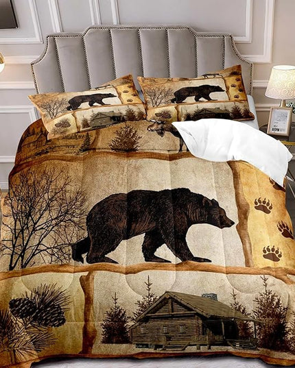 LUVIVIHOME 3PCS Rustic Cabin Comforter Set Queen Size, Moose Bear Bedding Brown Quilt, Deer Woodland Forest Animal Wildlife Hunting Hunter Lodge Country Rustic Farmhouse Bedroom Decor, 2 Pillow Shams - LeafyLoom
