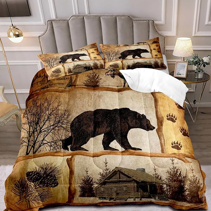 LUVIVIHOME 3PCS Rustic Cabin Comforter Set Queen Size, Moose Bear Bedding Brown Quilt, Deer Woodland Forest Animal Wildlife Hunting Hunter Lodge Country Rustic Farmhouse Bedroom Decor, 2 Pillow Shams - LeafyLoom