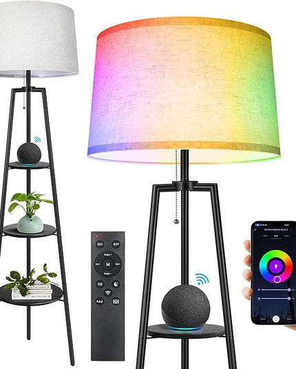 OUTON Tripod Floor Lamp with Shelves, Smart RGB Shelf Floor Lamp with WiFi APP Remote Control, Works with Alexa Google Home Voice Control, Modern LED Tall Standing Lamp for Living Room Bedroom Office - LeafyLoom