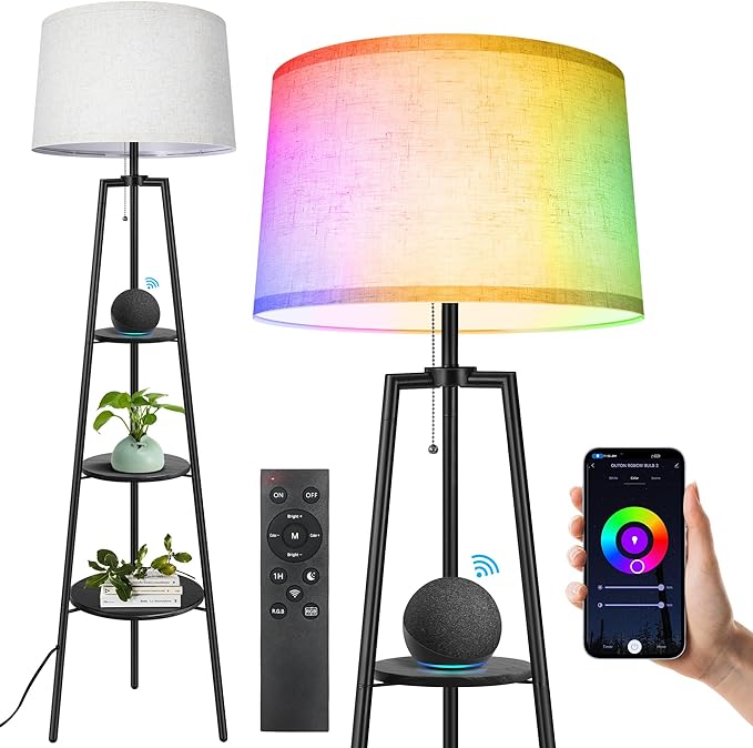 OUTON Tripod Floor Lamp with Shelves, Smart RGB Shelf Floor Lamp with WiFi APP Remote Control, Works with Alexa Google Home Voice Control, Modern LED Tall Standing Lamp for Living Room Bedroom Office - LeafyLoom