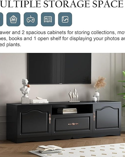 Merax Modern TV Stand for 60"+ Televisions with 1 Shelf, 2, 1 Drawer, Storage Console Cabinet Furniture for Living Room, 65.0 inch Length, Black - LeafyLoom