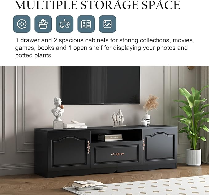Merax Modern TV Stand for 60"+ Televisions with 1 Shelf, 2, 1 Drawer, Storage Console Cabinet Furniture for Living Room, 65.0 inch Length, Black - LeafyLoom