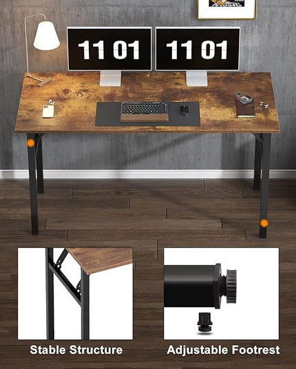 Need Large Computer Desk, 62 inches Long Office Desk, No Install Needed Folding Table Writing Table Workstation for Small Space, Rustic Brown - LeafyLoom