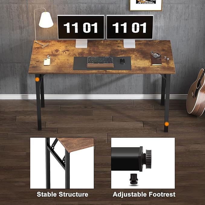 Need Large Computer Desk, 62 inches Long Office Desk, No Install Needed Folding Table Writing Table Workstation for Small Space, Rustic Brown - LeafyLoom