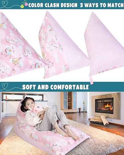 Stuffed Animal Storage Bean Bag Chair Cover, Cotton Pink Unicorn Plush Toy Storage Stuff and Sit Seat for Kids/Teens/Adults, 52" x 31" Extra Large Triangle Floor Sofa, 200L/52Gal, Cover Only - LeafyLoom