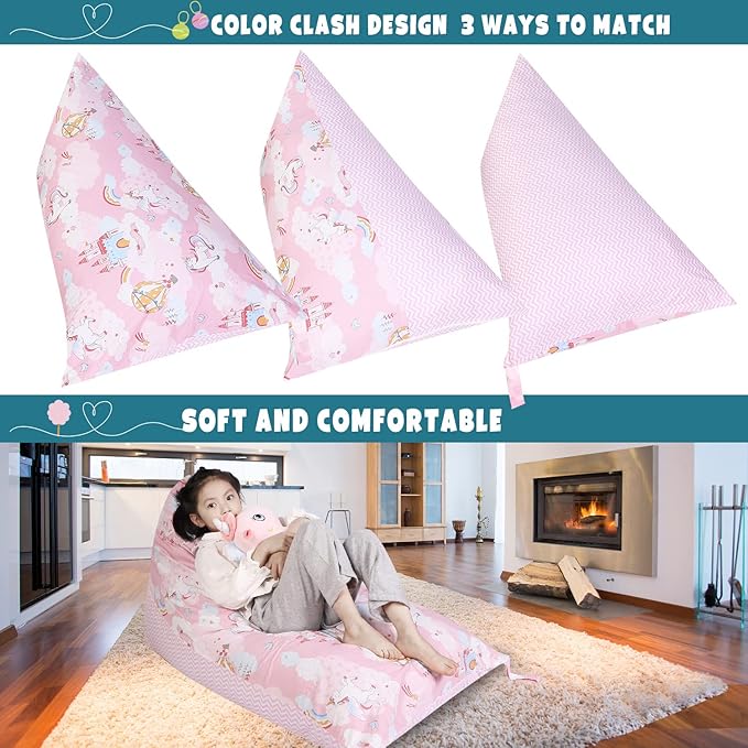 Stuffed Animal Storage Bean Bag Chair Cover, Cotton Pink Unicorn Plush Toy Storage Stuff and Sit Seat for Kids/Teens/Adults, 52" x 31" Extra Large Triangle Floor Sofa, 200L/52Gal, Cover Only - LeafyLoom