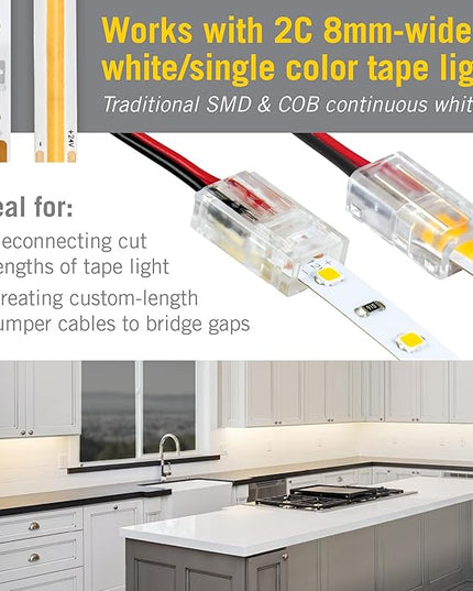 Armacost Lighting 142250 Ribbon Flex Pro Tape Light 60 LEDs/m, Soft Bright White 3000K 32.8 ft. Professional Grade LED Strip Lights & 566021 White/Single Color LED Wire to Tape Connector - 18 Pk ArmacostLighting