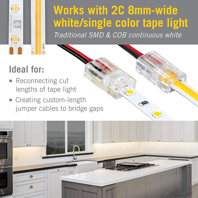 Armacost Lighting 142250 Ribbon Flex Pro Tape Light 60 LEDs/m, Soft Bright White 3000K 32.8 ft. Professional Grade LED Strip Lights & 566021 White/Single Color LED Wire to Tape Connector - 18 Pk ArmacostLighting