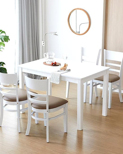 Livinia Cabin Dining Chair Set of 2, Solid Malaysian Oak PU Leather Upholstered Cushion Seat Wooden Ladder Back Side Chairs (White) Assembly Required - LeafyLoom