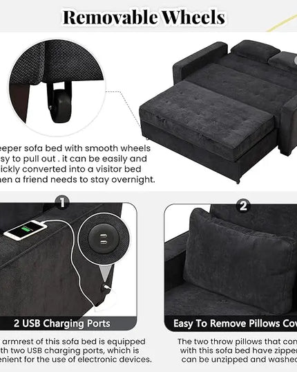 3 in 1 Multi-Functional Pull Out Sofa Bed , Velvet Upholstered Convertible Sleeper Loveseat Couch Guest Daybed with Adjustable Backrest and Dual USB Charging Port for Living Room Office RV Furniture - LeafyLoom