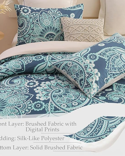 Whale Flotilla King Comforter Set, Soft Reversible Turquoise Bedding Comforter Set with Pailsey Pattern, 1 Micoriber Printed Comforter and 2 Pillow Shams, 3 Pieces - LeafyLoom