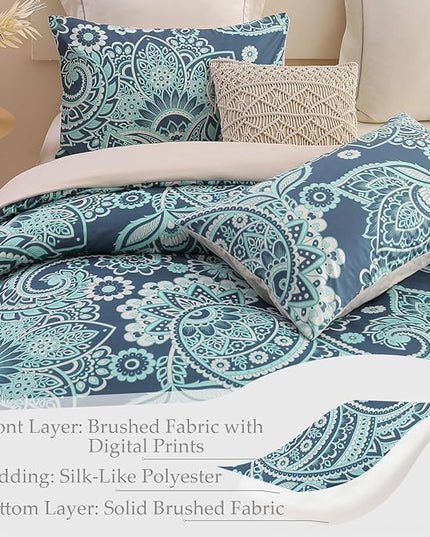Whale Flotilla Queen Full Comforter Set, Soft Reversible Turquoise Bedding Comforter Set with Pailsey Pattern, 1 Micoriber Printed Comforter and 2 Pillow Shams, 3 Pieces - LeafyLoom