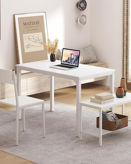 SDHYL Dining Table Set for 4, 43" Dining Room Table with Two Chairs and One Bench, 4 Pieces Set Table Top with Metal Legs in Living Room, Dining Room, Space Saving Kitchen Table Set, White - LeafyLoom