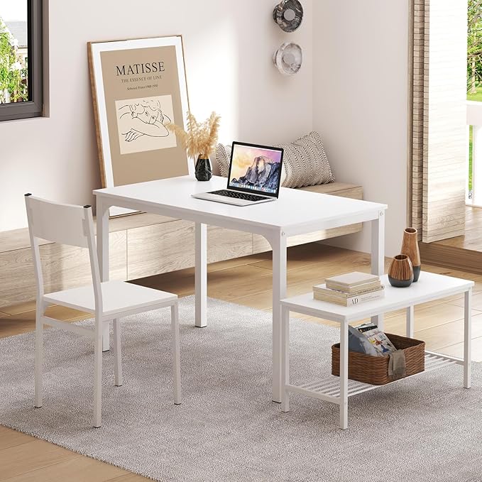 SDHYL Dining Table Set for 4, 43" Dining Room Table with Two Chairs and One Bench, 4 Pieces Set Table Top with Metal Legs in Living Room, Dining Room, Space Saving Kitchen Table Set, White - LeafyLoom
