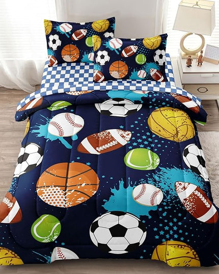 Kids Boys Comforter Set Full Bed in a Bag w/Sheet Sets, Blue Full Bedding Sets for Teens Soccer Basketball Baseball Football Sports Themed Bedroom Decor Reversible Design - LeafyLoom