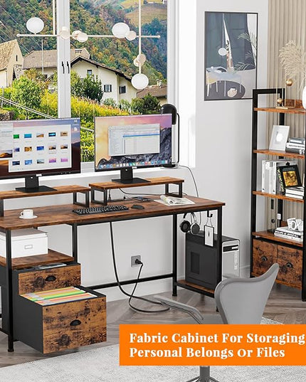 Furologee Desk with Drawer and Power Outlets, 55" Large Compter Desk with Fabric File Cabinet and 2 Movable Monitor Shelf, Writing Gaming Table with CPU Stand and 2 Hooks for Home Office, Rustic Brown - LeafyLoom