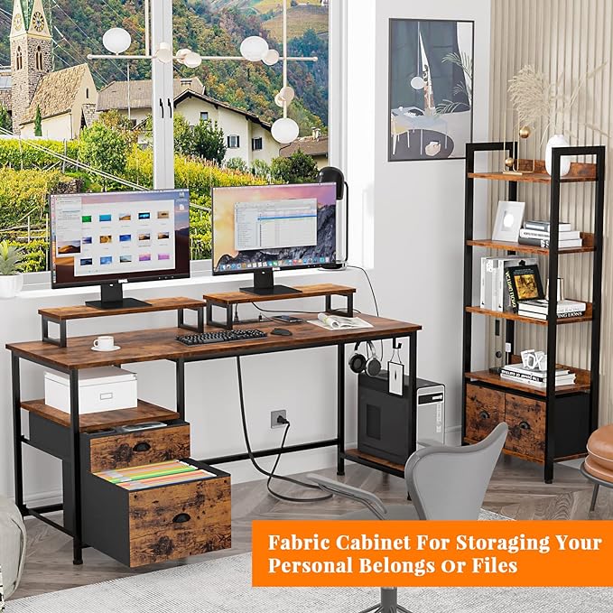 Furologee Desk with Drawer and Power Outlets, 55" Large Compter Desk with Fabric File Cabinet and 2 Movable Monitor Shelf, Writing Gaming Table with CPU Stand and 2 Hooks for Home Office, Rustic Brown - LeafyLoom