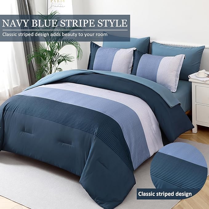 WONGS BEDDING Navy Blue Comforter Set Queen, Reversible Striped Patchwork Down Alternative Comforter,3 Pieces (1 Comforter+2 Pillowcases), Soft Microfiber Bedding Duvet Insert Set 90"×90" - LeafyLoom