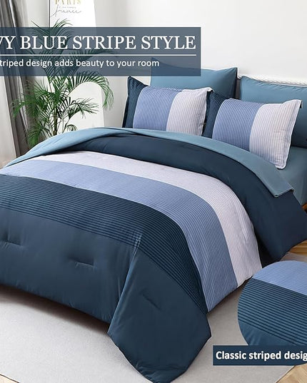Navy Blue Comforter Set King, Reversible Navy Blue Striped Down Alternative Comforter for King Bed,3 Pieces (1 Comforter+2 Pillowcases), Soft Microfiber Bedding Duvet Set 104"×90" - LeafyLoom