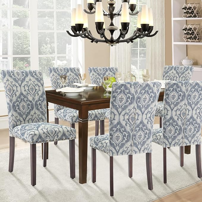 Parsons Dining Chairs Set of 2, Upholstered Nailhead Dining Room Kitchen Side Chair with Thick Cushions and Wood Legs, White/Blue - LeafyLoom