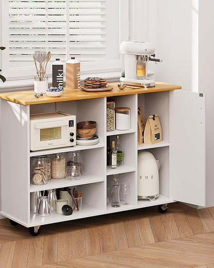 Shintenchi 47”W Kitchen Storage Island Cart with 6 Open Shelves and 1 Cabinet, Portable Trolley Cart with Wood Work Top and Handle/Towel Rack, White - LeafyLoom