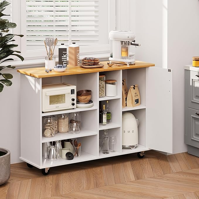 Shintenchi 47”W Kitchen Storage Island Cart with 6 Open Shelves and 1 Cabinet, Portable Trolley Cart with Wood Work Top and Handle/Towel Rack, White - LeafyLoom