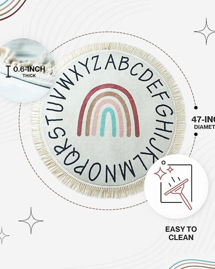 Round ABC Rug for Kids Playroom - 4ft Lovely Boho Rainbow Rug, Ultra Soft & Non Slip - Alphabet Circle Area Carpet for Nursery Toddler Baby Room - Colorful Cute Decor Mat for Girl & Boy, 47 inch - LeafyLoom