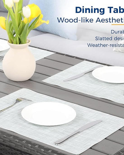7 Piece Wicker Rattan Outdoor Dining Set with Dining Table and Ottomans, Patio Table and Chairs Set - LeafyLoom