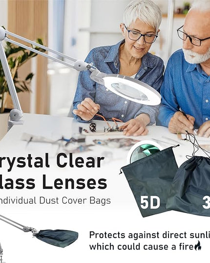 Desk Magnifying Glass with Light - DAEV - 7" Large LED Magnifying Glass with Clamp, Easy Change 5D (2.25X) and 3D (1.75X) Glass. 1600 Lumen, 6500K CCT Dimmable LED Magnifier with Light, White - LeafyLoom