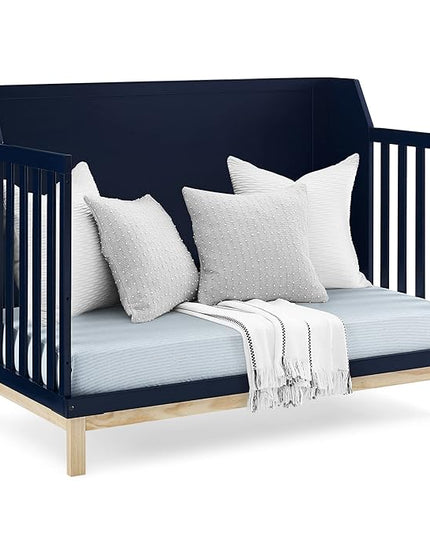 Delta Children babyGap Oxford 6-in-1 Convertible Crib + Brannan Bear Bookcase with Bins + Brannan Bear Wall Shelf with 4 Hooks, Navy/Natural (Bundle) - LeafyLoom