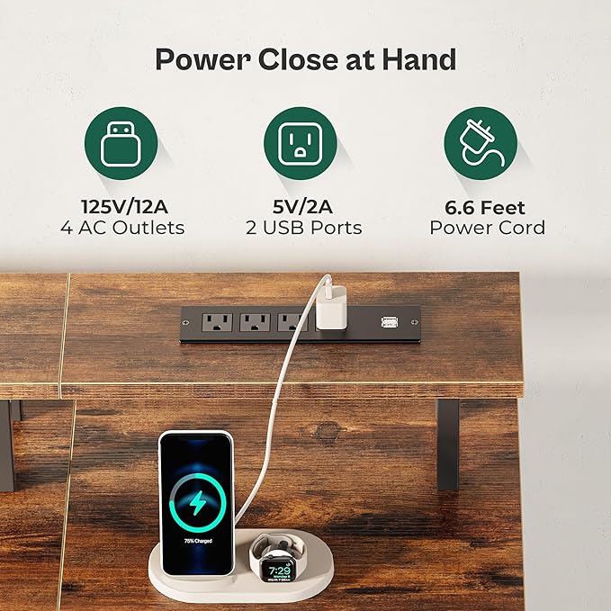 63 Inch Computer Desk with Power Outlets and LED Lights, Gaming Desk with 4 Drawers, Office Desk with Monitor Stand, Study Desk Work Desk for Home Office, Rustic Brown - LeafyLoom