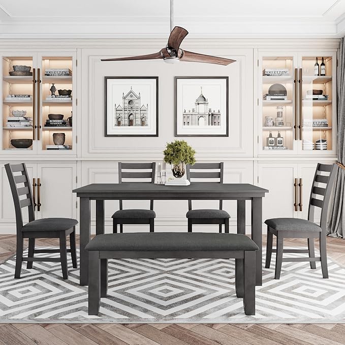 RITSU 6-Piece Solid Wood Dinette Sets includes Rustic Kitchen Dining Table, 4 Upholstered Chairs & Bench, for Diningroom Living Room, Easy to Assemble, Gray 2 - LeafyLoom