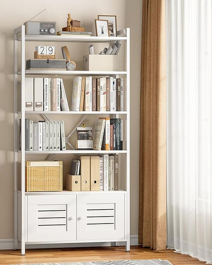 Storage Cabinet with 4 Open Shelves,1 Cupboard,White Bathroom Display Standing Shelf, White Wooden and Metal Frame Shelf for Living Room, Bathroom Bedroom, Home Office Organizer - LeafyLoom