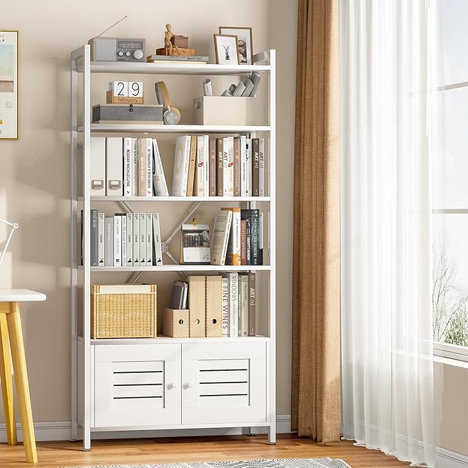Storage Cabinet with 4 Open Shelves,1 Cupboard,White Bathroom Display Standing Shelf, White Wooden and Metal Frame Shelf for Living Room, Bathroom Bedroom, Home Office Organizer - LeafyLoom