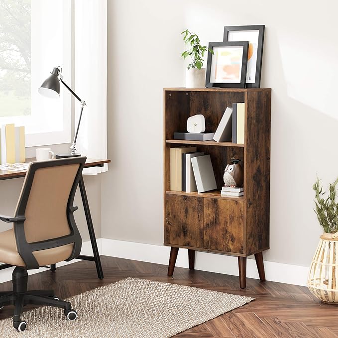 VASAGLE Bookcase, 2-Tier Retro Bookshelf with Doors, Storage Cabinet for Books, Photos, Decorations in Living Room, Office, Study, Mid-Century Style, Rustic Brown ULBC09BX - LeafyLoom